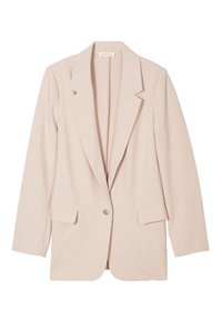 Pale pink blazer made of smooth fabric, featuring a notched collar, single button closure, two front pockets, and relaxed fit.