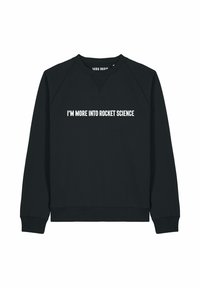 Felpa nera con scollo a girocollo e maniche raglan. Presenta un testo bianco che recita "SONO PIÙ INTERESSATO ALLA SCIENZA DEI RAFFAELO" sulla parte anteriore.