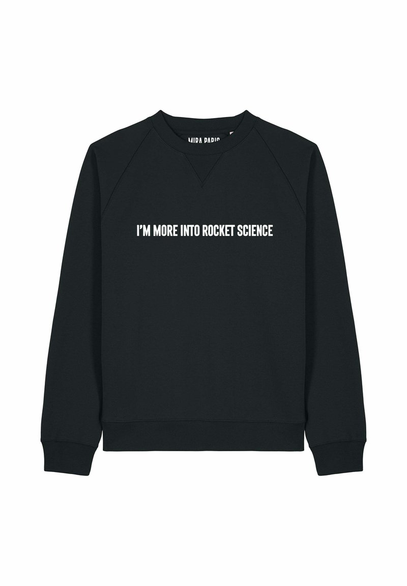 Felpa nera con scollo a girocollo e maniche raglan. Presenta un testo bianco che recita "SONO PIÙ INTERESSATO ALLA SCIENZA DEI RAFFAELO" sulla parte anteriore.