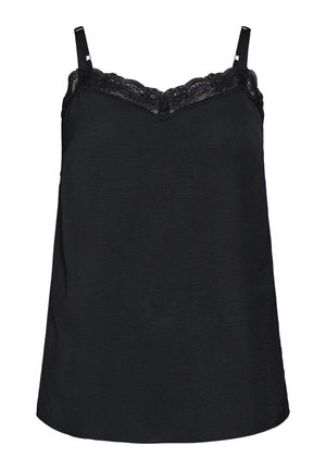 Čierna saténová kamizolka s nastaviteľnými tenkými ramienkami a čipkovým lemom pozdĺž výstrihu do V.