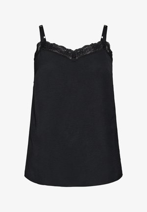 Zwarte satijnen cami met verstelbare dunne bandjes en kanten afwerking langs de V-hals.