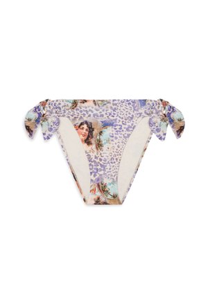 Dno bikín s kvetinovým a leopardím vzorom v pastelovej fialovej farbe, s viazaním na bočných stranách a hladkou textúrou.