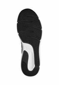 Svart gummisula för sneakers med texturerade spår, en vit sidaccent och rundad häl för grepp och dragkraft.