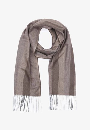 Bruine wollen sjaal met een visgraatpatroon en franjes aan de randen in verschillende tinten bruin en grijs. Zachte textuur, rechthoekige vorm.