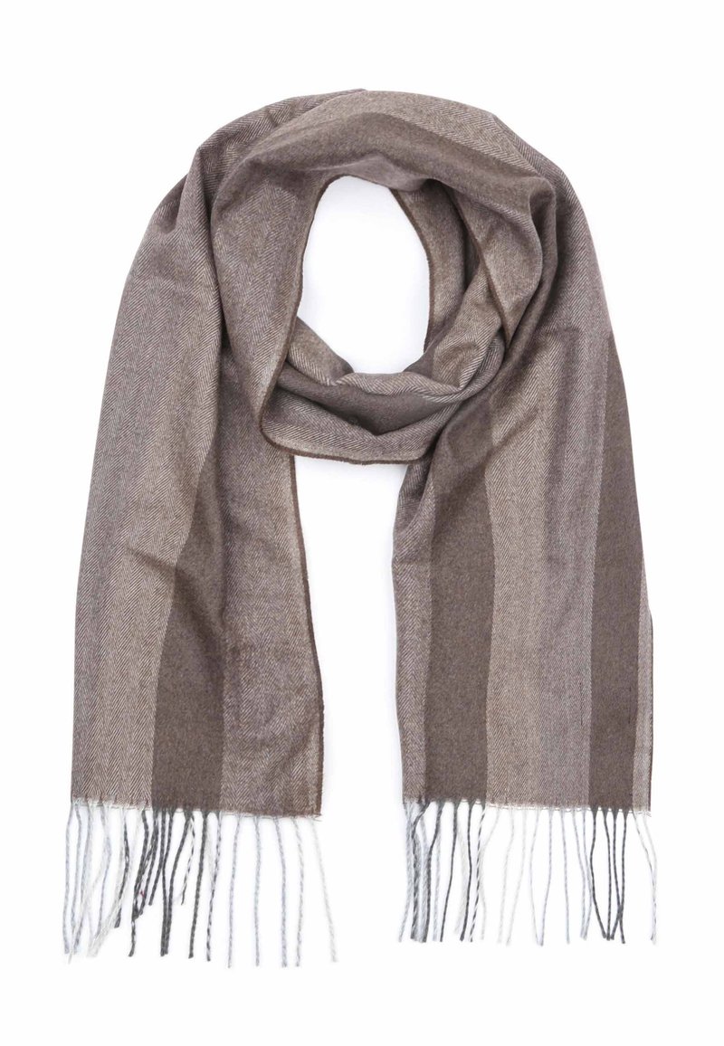 Brown wool scarf with a herringbone pattern and fringed edges in varying shades of brown and gray. Soft texture, rectangular shape.
