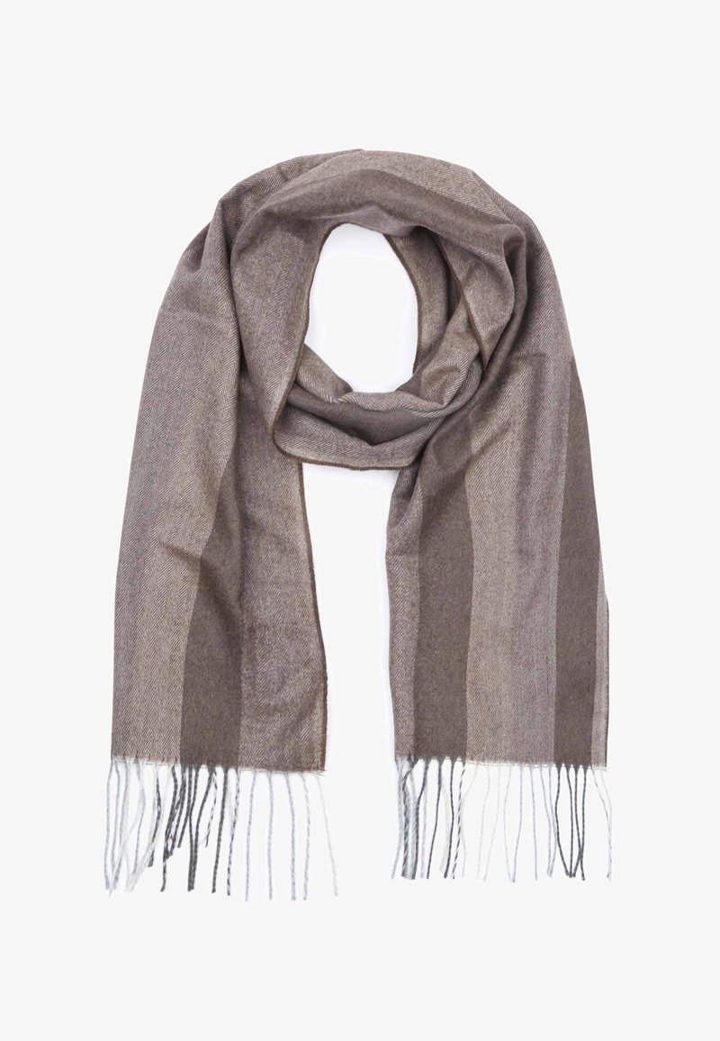 Brown wool scarf with a herringbone pattern and fringed edges in varying shades of brown and gray. Soft texture, rectangular shape.