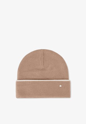 Bonnet en polaire marron avec un revers et un petit logo rond. Texture douce, design simple et forme de sommet arrondi.