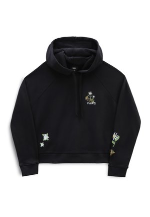 Černá mikina Vans s výšivkou květin na hrudi, na levé dolní straně a na pravém rukávu, zdobená sedmikráskami a zelenými listy.
