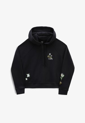 Sweat à capuche noir Vans avec broderie florale sur la poitrine, le côté inférieur gauche et la manche droite, présentant des marguerites et des feuilles vertes.