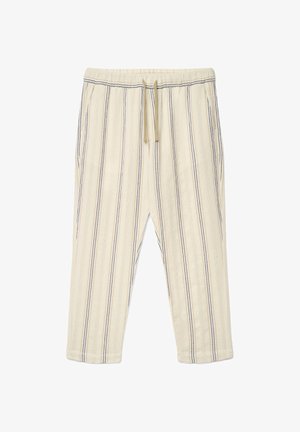 Pantaloni beige con coulisse, strisce verticali nere e bianche, vita elasticizzata e tasche laterali, visualizzati stesi su uno sfondo bianco.