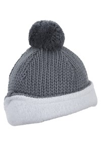 Gray knitted beanie with a soft, white fleece cuff and a gray pom-pom on top. Features textured yarn pattern and rounded shape.