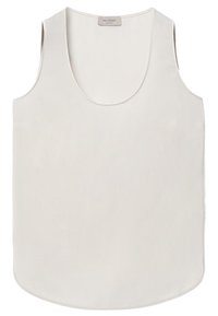 Débardeur sans manches de couleur crème avec encolure dégagée, tissu lisse et petite étiquette de marque à l'arrière du col intérieur.