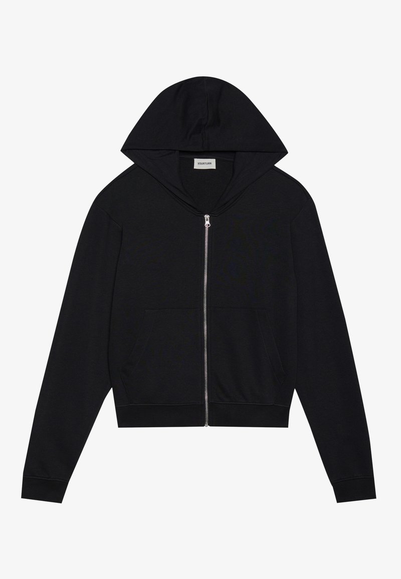 Schwarze Zip-Hoodie aus weichem Stoff, mit Kapuze, zwei Fronttaschen und gerippten Bündchen und Saum für eine figurnahe Passform.