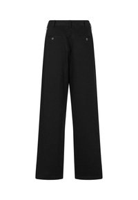 Wide-leg black trousers with a smooth texture. Features two buttoned back pockets and belt loops on the waistband.