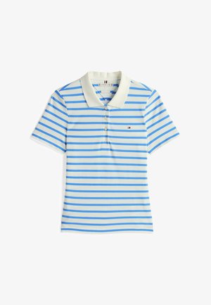 Gestreiftes Poloshirt in hellblau und weiß, mit kurzen Ärmeln und einem kontrastierenden weißen Kragen. Enthält Knöpfe und ein kleines Logodetail.