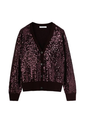 Bordeauxrode cardigan bedekt met roze pailletten, met lange mouwen, een v-hals en vijf zwarte knopen aan de voorkant. Getextureerde stof.