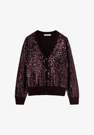 Burgundy cardigan covered in pink sequins, featuring long sleeves, a v-neck, and five black buttons down the front. Textured fabric.