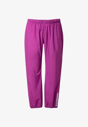 Fuchsia vandtætte bukser med elastisk talje, tilspidsede ben og reflekterende detaljer ved kanten. Glat, let materiale.