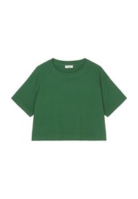 T-shirt verde cropped realizzato in morbido tessuto, con scollatura rotonda e maniche corte, caratterizzato da una superficie liscia e privo di motivi visibili.