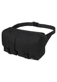Schwarze Stoff-Hüfttasche mit zwei Fronttaschen, sicheren Schnallen und verstellbarem Riemen. Sie verfügt über ein schlankes, rechteckiges Design und eine strukturierte Oberfläche.