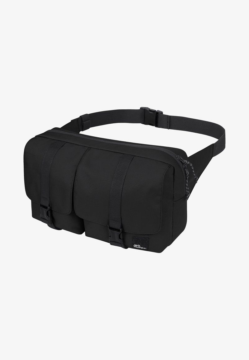 Schwarze Stoff-Hüfttasche mit zwei Fronttaschen, sicheren Schnallen und verstellbarem Riemen. Sie verfügt über ein schlankes, rechteckiges Design und eine strukturierte Oberfläche.