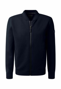 Donkerblauwe zip-up jas van gladde stof. Voorzien van een ribbelkraag, manchetten en onderrand, met een subtiel logo op de mouw.