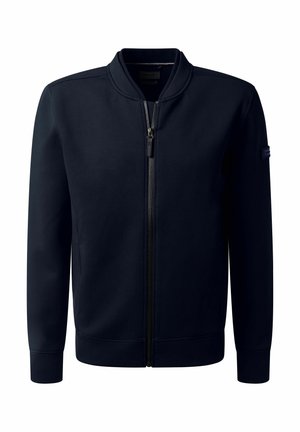 Marineblaue Zip-Jacke aus glattem Stoff. Sie verfügt über einen gerippten Kragen, Bündchen und Saum, mit einem dezenten Logo auf dem Ärmel.