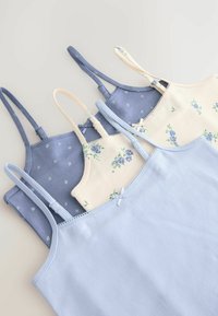 Drei Spaghetti-Topps: eines hellblau, eines mit kleinen Blumen auf cremigem Hintergrund und eines in dunklerem Blau mit Punkten. Alle haben verstellbare Träger.