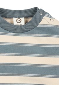 Pasiasty, długi rękaw, wykonany z miękkiej bawełny, z jasnoniebieskimi i beżowymi paskami, żebrowanym okrągłym dekoltem oraz zatrzaskami na ramionach.