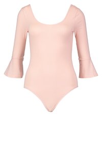 Růžový body z elastického materiálu, s výstřihem do lodičky a rozšířenými rukávy, navržený pro přiléhavý střih.