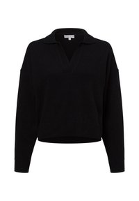 Zwarte pullover trui van een zachte brei, met een V-hals en kraag, verlaagde schouders en een cropped zoom. Schoon en minimalistisch ontwerp.