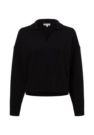 Zwarte pullover trui van een zachte brei, met een V-hals en kraag, verlaagde schouders en een cropped zoom. Schoon en minimalistisch ontwerp.