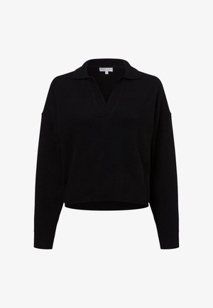 Zwarte pullover trui van een zachte brei, met een V-hals en kraag, verlaagde schouders en een cropped zoom. Schoon en minimalistisch ontwerp.