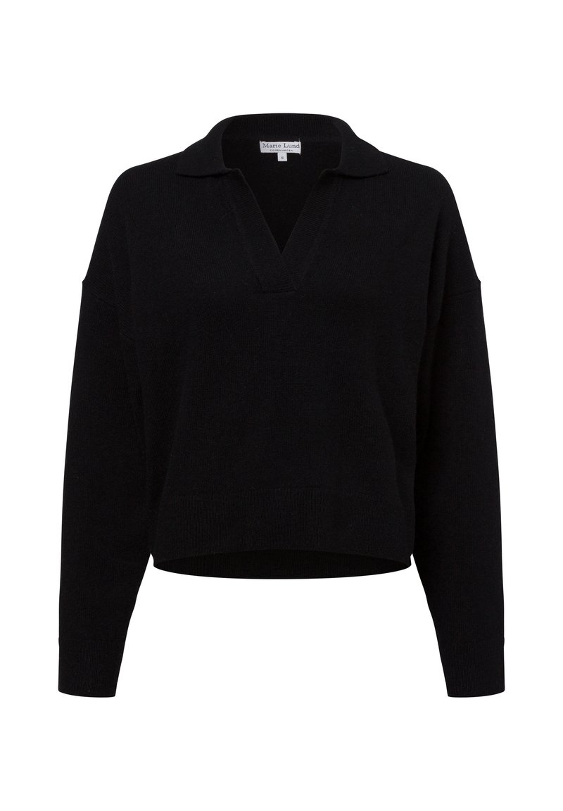 Zwarte pullover trui van een zachte brei, met een V-hals en kraag, verlaagde schouders en een cropped zoom. Schoon en minimalistisch ontwerp.