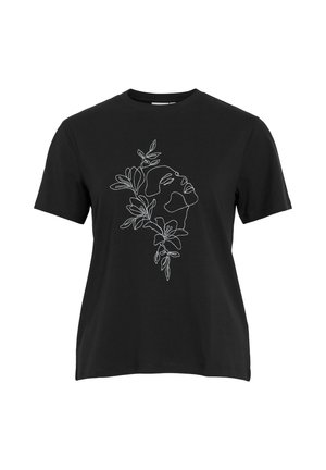 Černé bavlněné tričko s krátkým rukávem, které zobrazuje bílé liniové kresby obličeje obklopeného listy. Jednoduchý design s kulatým výstřihem.