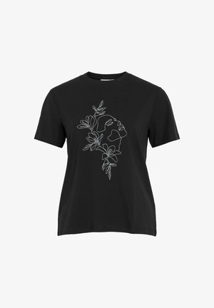 Fekete pamut póló rövid ujjakkal, amelyen fehér vonalrajz látható egy arcról, amelyet levelek vesznek körül. Egyszerű, kerek nyakú dizájn.