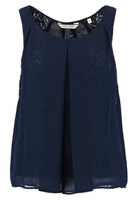 Ärmlös marinblå topp med spetsdetaljer vid axlarna, plisserad framdesign och lätt, flödande tyg.