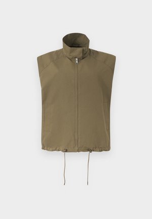 Olīvzaļš vestes ar augstu apkakli bez piedurknēm, priekšā rāvējslēdzējs, divas sānu kabatas un regulējamas auklas apakšējā malā.