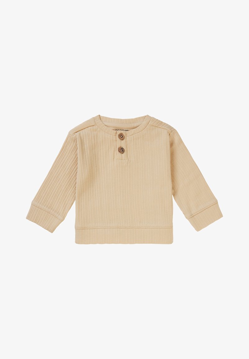 Chemise beige à manches longues côtelées avec un col rond, deux boutons en bois à l'avant et un bas ourlé, présentant un tissu texturé.