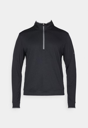 Pull-over noir à fermeture éclair quart, avec manches longues. Fabriqué en matériau léger et texturé. Présente une fermeture éclair contrastante et des poignets ajustés.