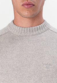 Helle graue Strickjacke mit einem gerippten Kragen. Weiche Textur, dezentes Muster; mit einem kleinen Logo auf der linken Seite.