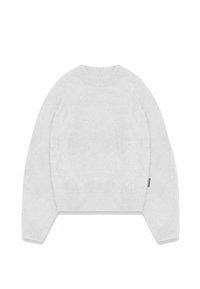 White, fluffy sweater with a round neckline, long sleeves, and ribbed hem. Features a small logo on the front near the bottom left.