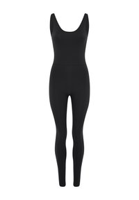 Schwarzer ärmelloser figurbetonter Jumpsuit mit Rundhalsausschnitt und langen Beinen, vor weißem Hintergrund gezeigt.