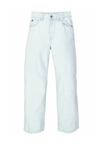 Jeans de mezclilla azul claro con un ajuste relajado, que cuentan con cierre de botones, pasadores para cinturón, dos bolsillos frontales y un diseño de pierna recta.