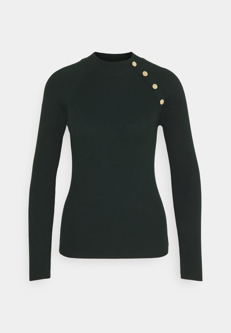 Dunkelgrüner, gerippter Pullover mit langen Ärmeln. Hoher Kragen mit vier goldfarbenen Knöpfen auf der linken Schulter, figurbetontes Design, glatte Textur.