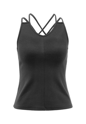 Schwarzes, eng anliegendes, ärmelloses Tanktop mit dünnen, doppelten Schulterträgern, die sich am Rücken kreuzen, und einer vertikalen Naht in der Mitte vorne.