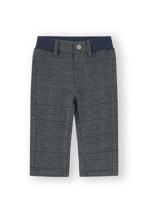 Pantalones de cuadros grises para niños pequeños, con cinturilla elástica azul marina, botón frontal y trabillas para cinturón, exhibidos sobre un fondo blanco.