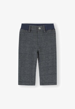 Pantalones de cuadros grises para niños pequeños, con cinturilla elástica azul marina, botón frontal y trabillas para cinturón, exhibidos sobre un fondo blanco.