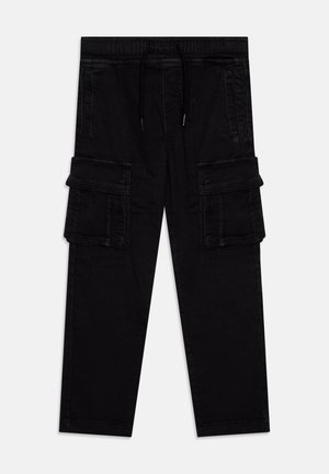 Black cargo pants with elastic waistband, drawstring, side pockets, and large flap pockets on thighs, laid flat on white background.