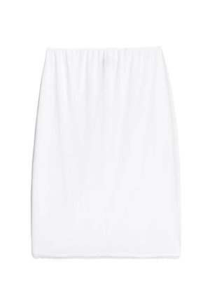 Jupe blanche, de longueur genou, avec une taille élastique. Texture lisse avec un subtil accent en dentelle à l'ourlet. Design simple et droit, sans motifs.